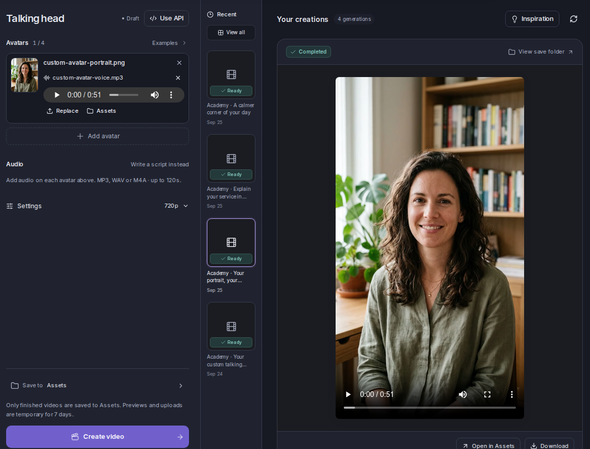 Talking Head with the portrait, uploaded narration, resolution and Create video button.