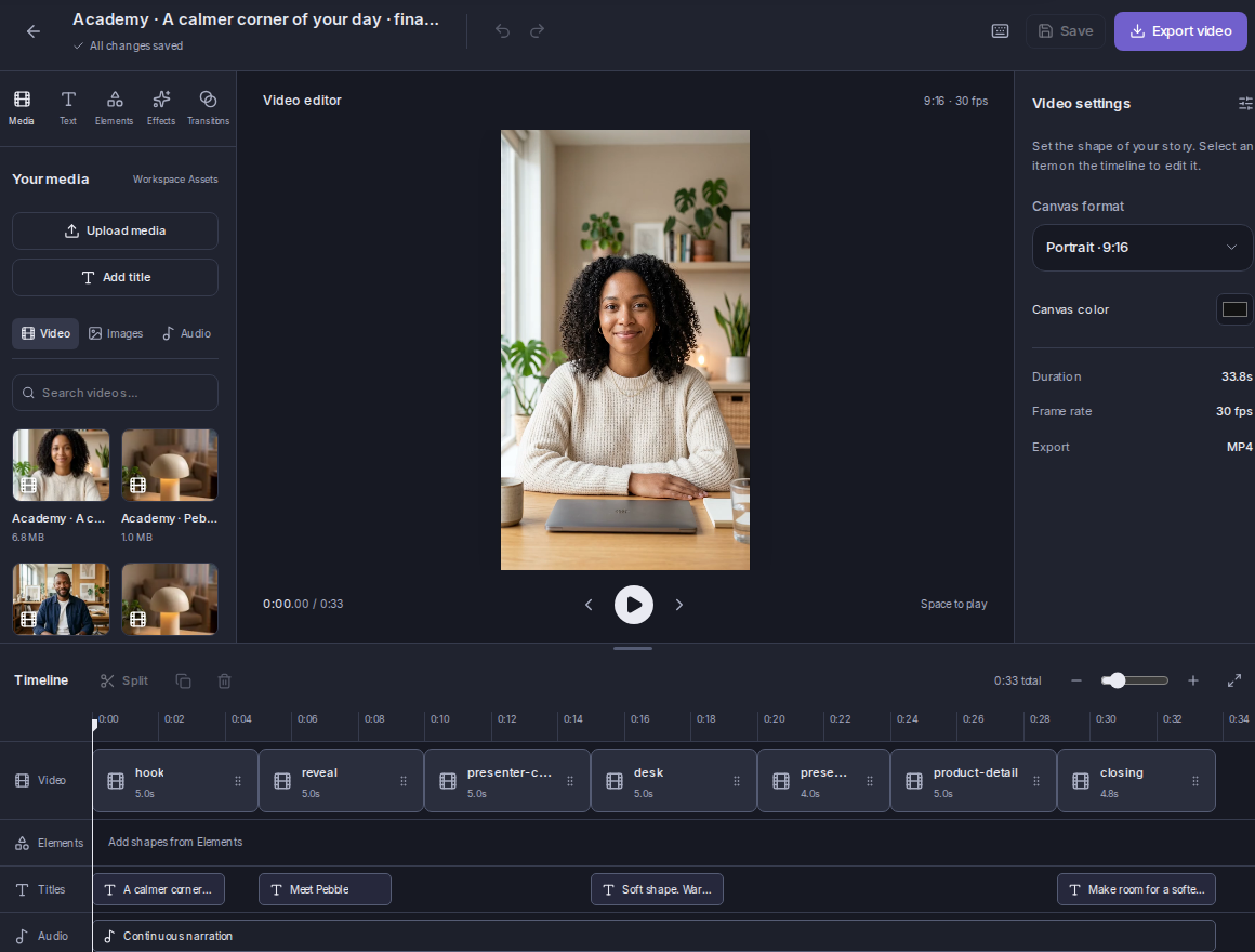 The finished UGC timeline: presenter segments, product cutaways and one continuous narration.
